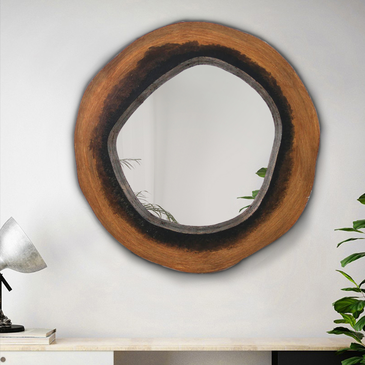 Wooden Wall Mirror With Grotto Circular Shape, Brown- Saltoro Sherpi
