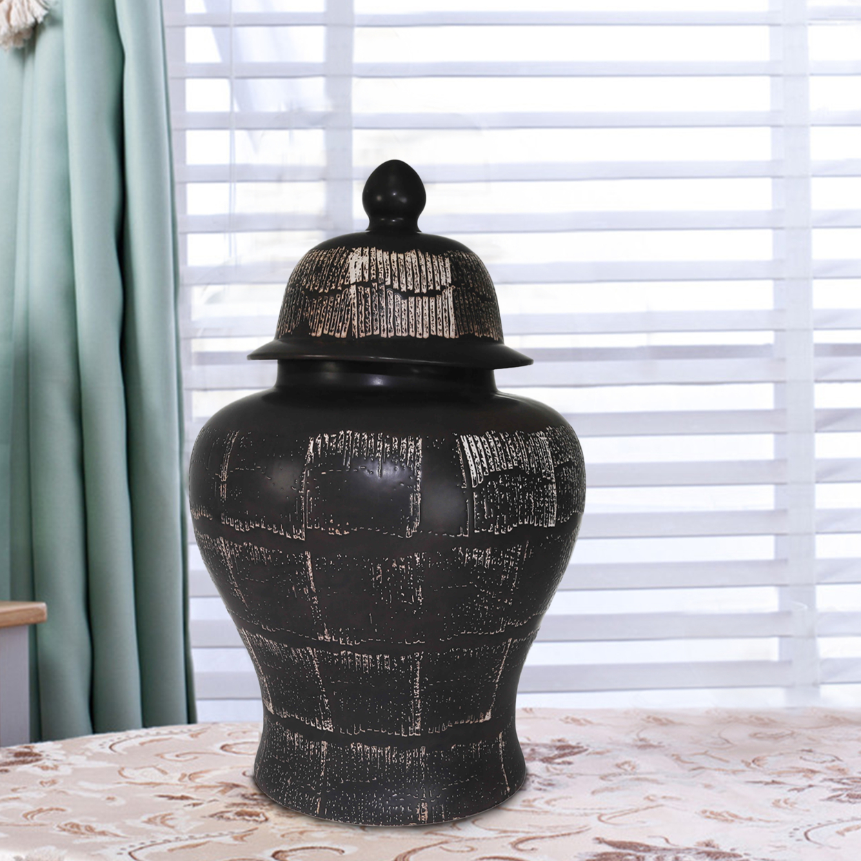 Ceramic Frame Temple Shape Lidded Jar, Antique Black- Saltoro Sherpi