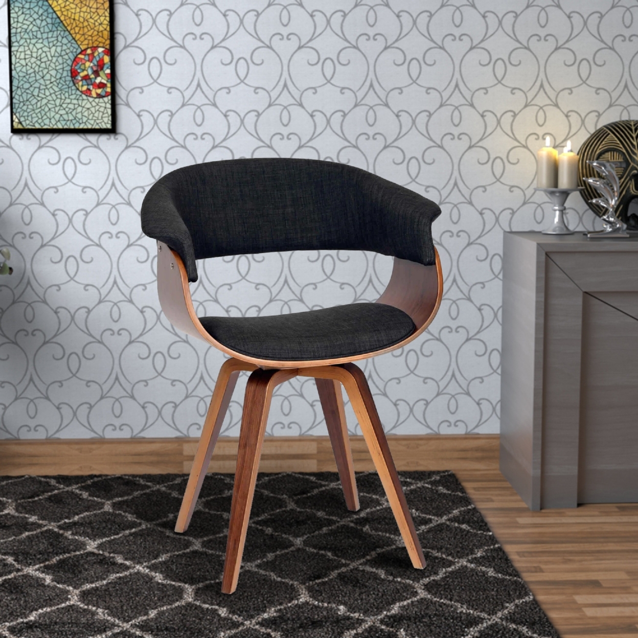 Fabric Padded Curved Seat Chair With Angled Wooden Legs, Charcoal Gray- Saltoro Sherpi