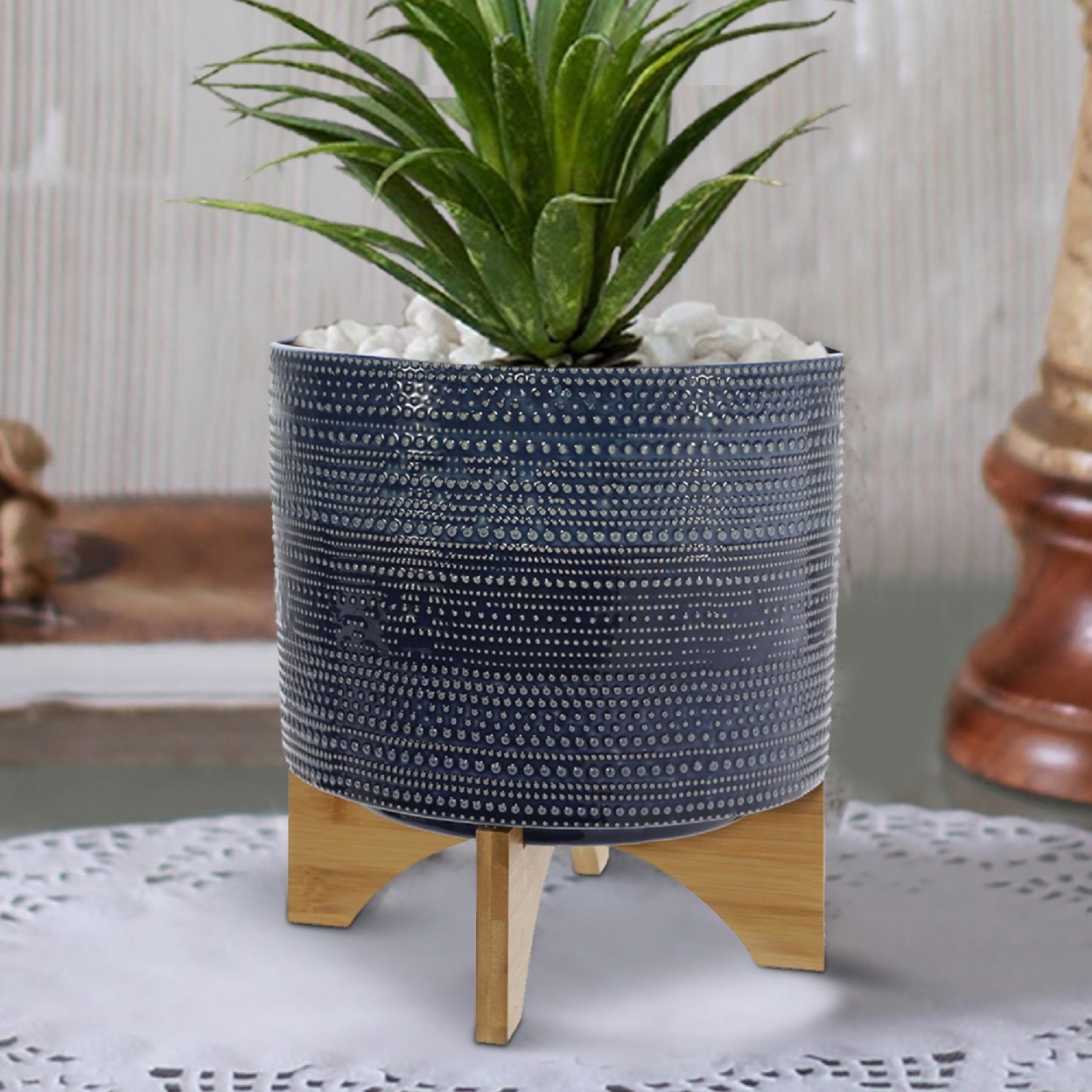 11 Inch Ceramic Dotted Planter With Wooden Base, Blue And Brown- Saltoro Sherpi