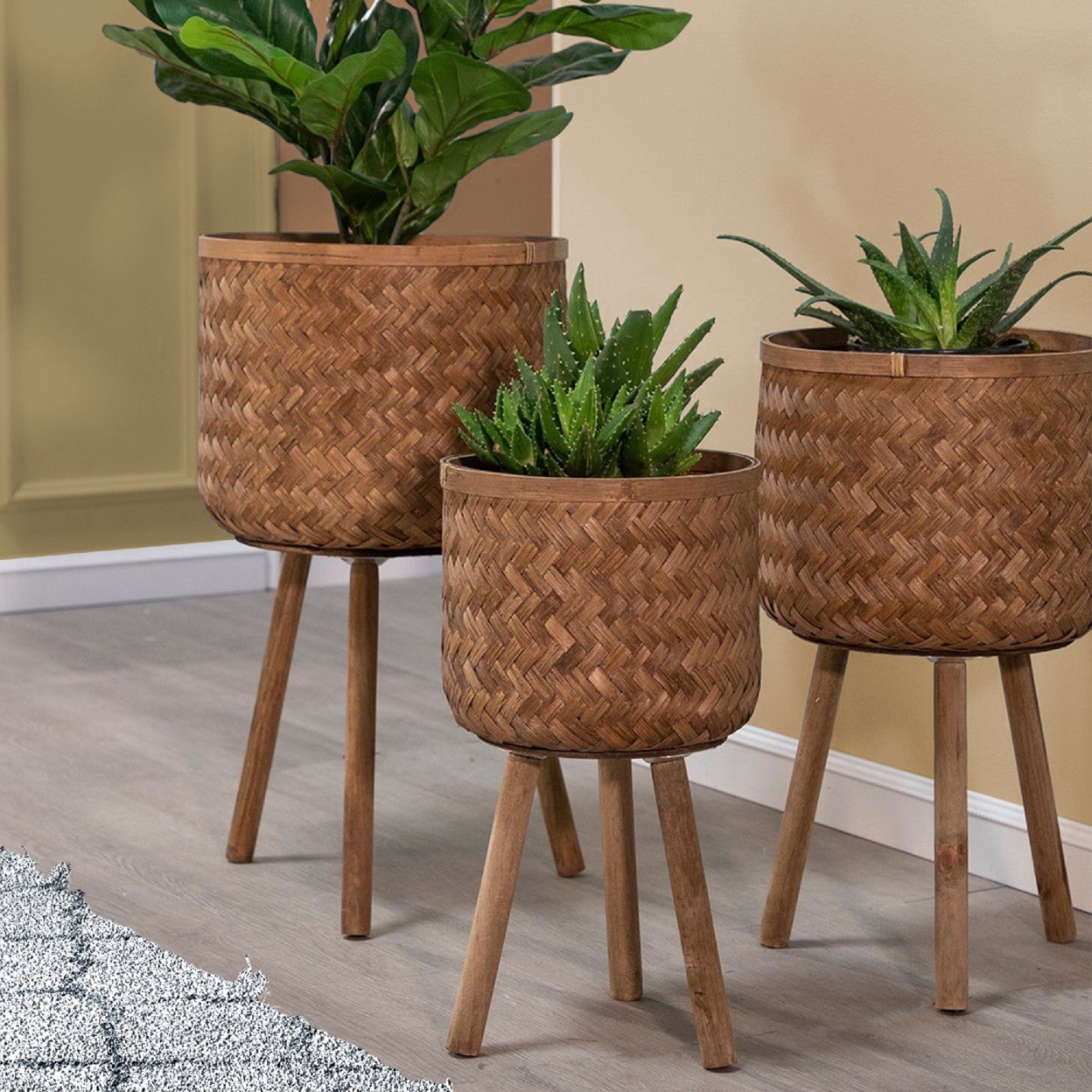 Round Bamboo Planters With Angled Tripod Legs, Set Of 3, Brown- Saltoro Sherpi