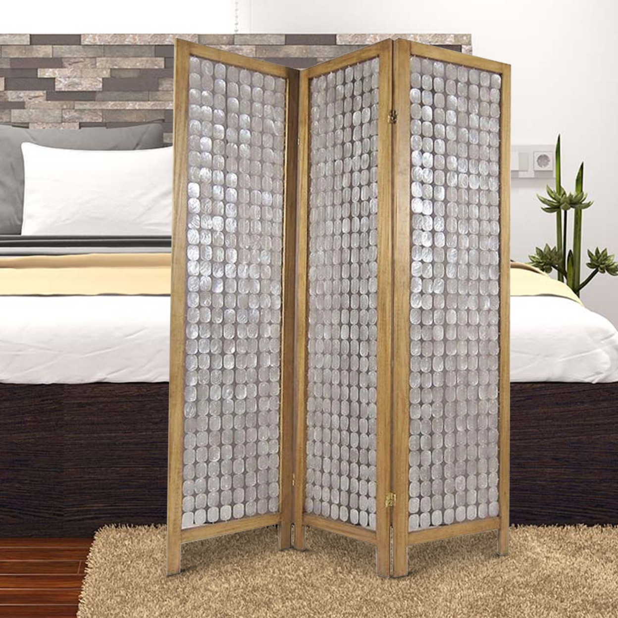 3 Panel Wooden Screen With Pearl Motif Accent, Brown And Silver- Saltoro Sherpi