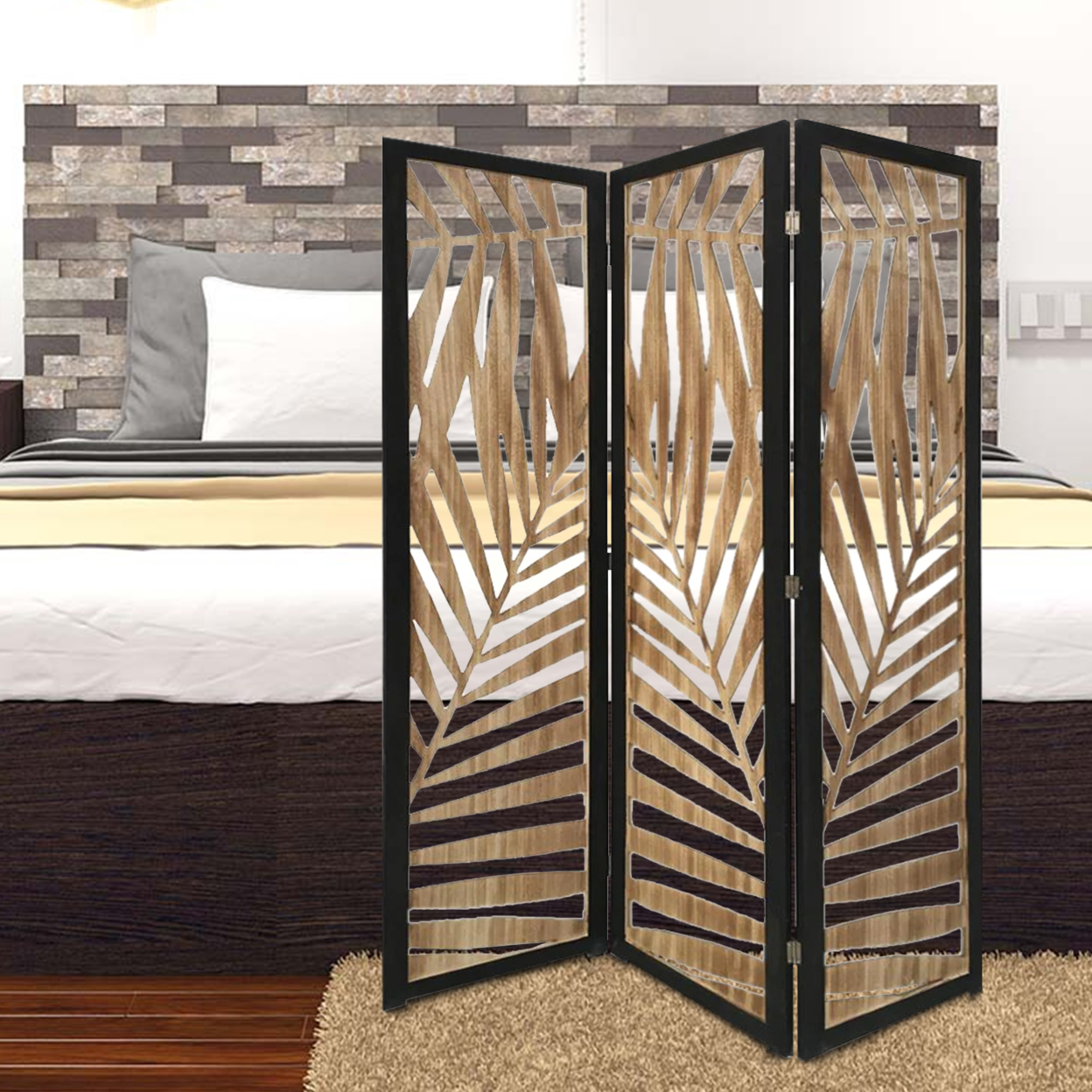 3 Panel Wooden Screen With Laser Cut Tropical Leaf Design, Brown And Black- Saltoro Sherpi