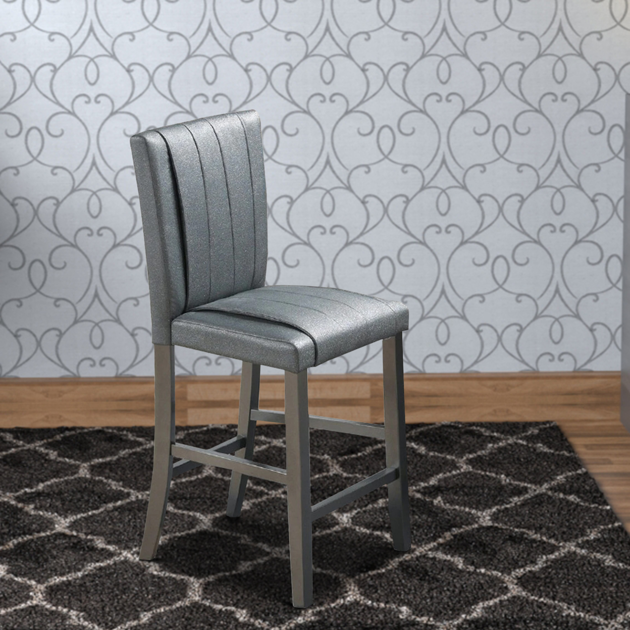 Pleated Design Fabric Counter Height Chair With Shimmery Details, Gray- Saltoro Sherpi