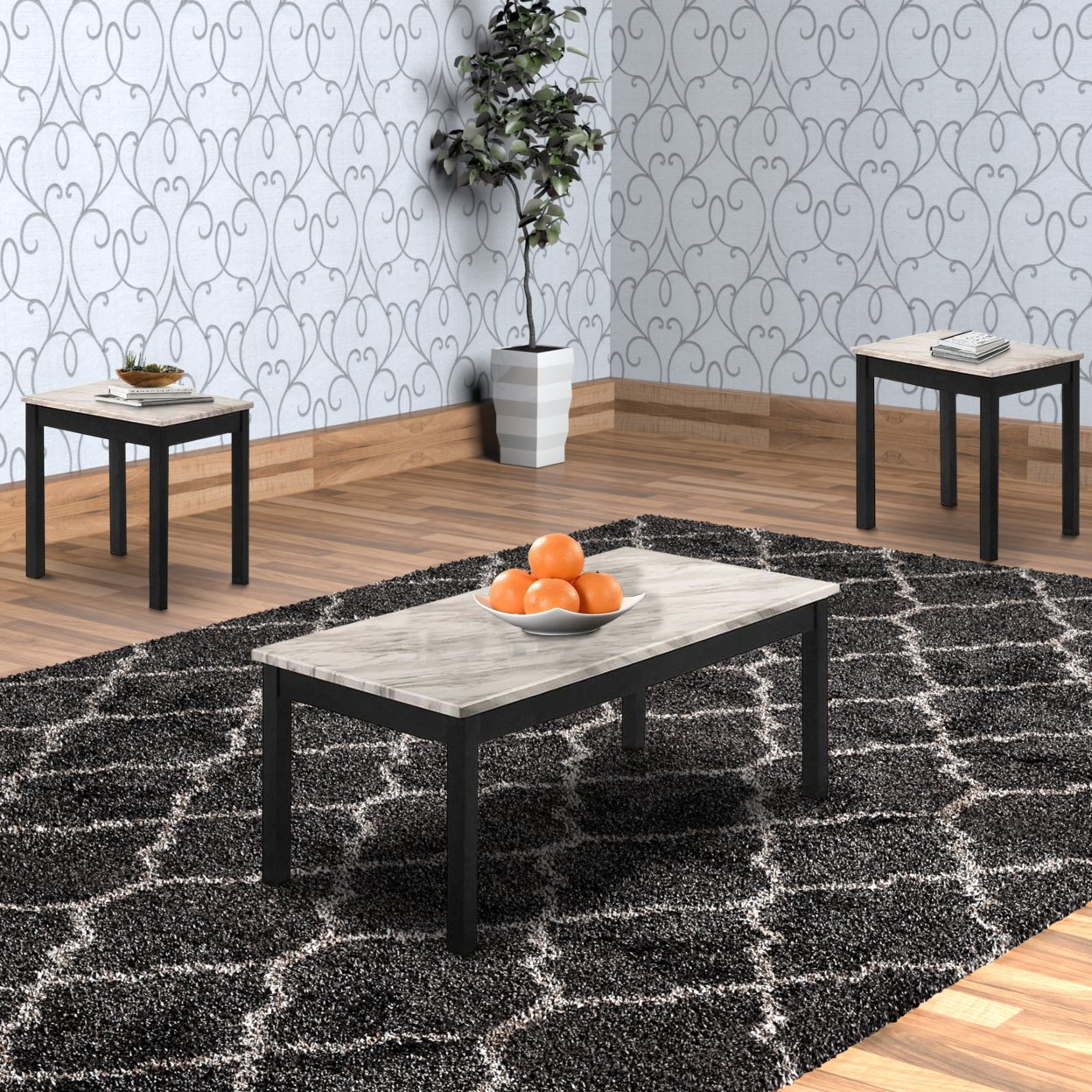 3 Piece Coffee Table And End Table With Faux Marble Top, Black And White- Saltoro Sherpi