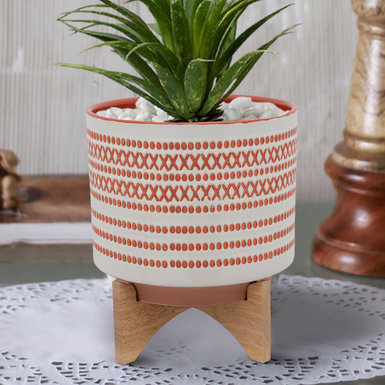 Round Shaped Ceramic Planter With Aztech Pattern, Red- Saltoro Sherpi