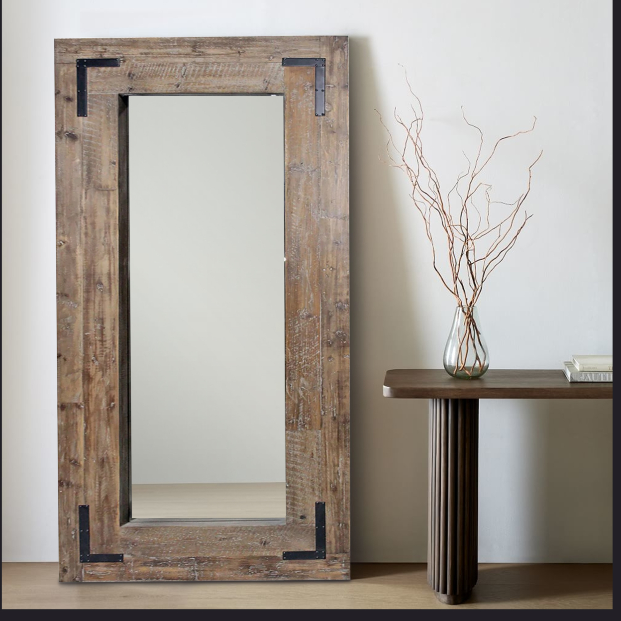 75 Inch Reclaimed Wood Leaning Mirror With Metal Corner Accent, Brown- Saltoro Sherpi