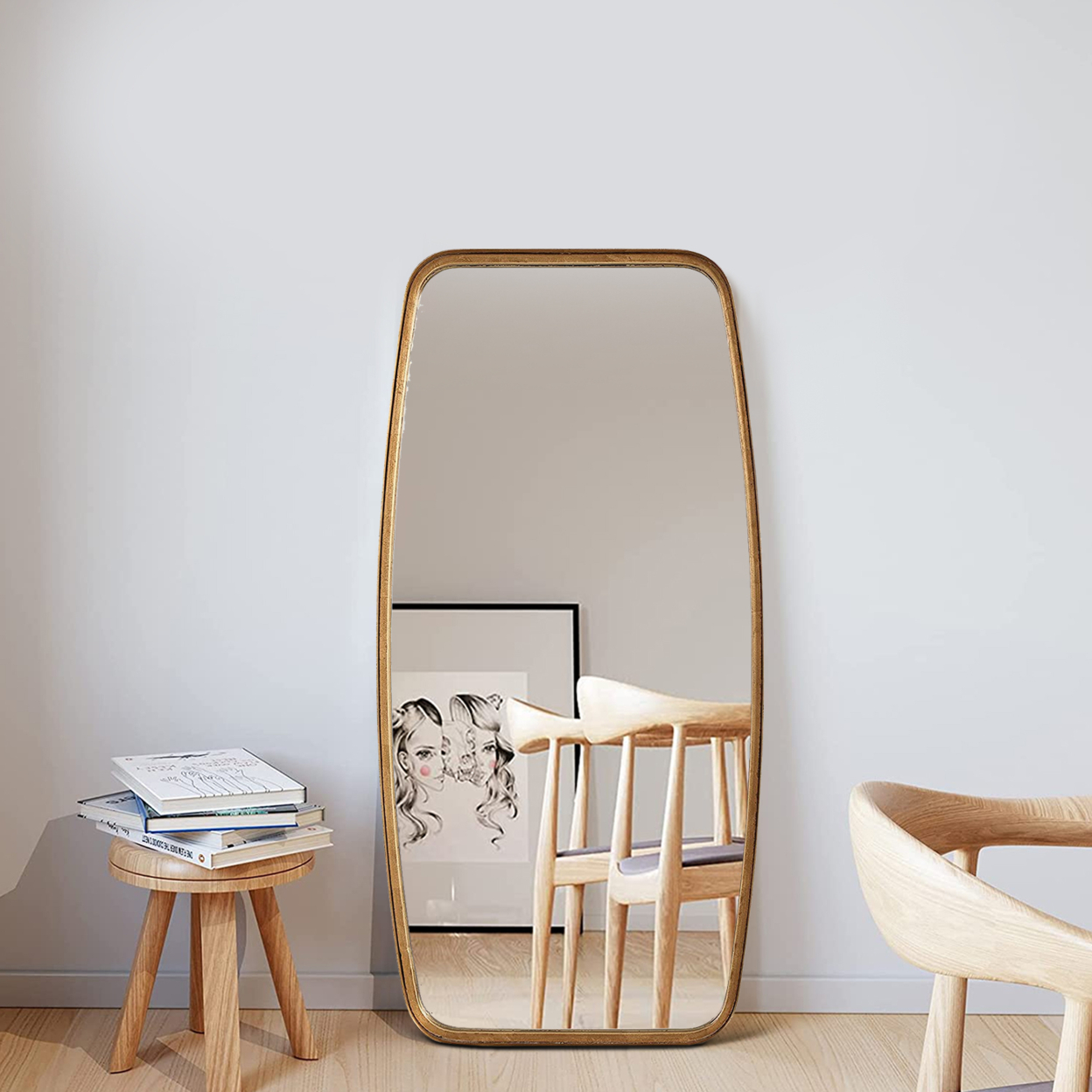 40 Inch Curved Side Metal Frame Mirror, Gold- Saltoro Sherpi