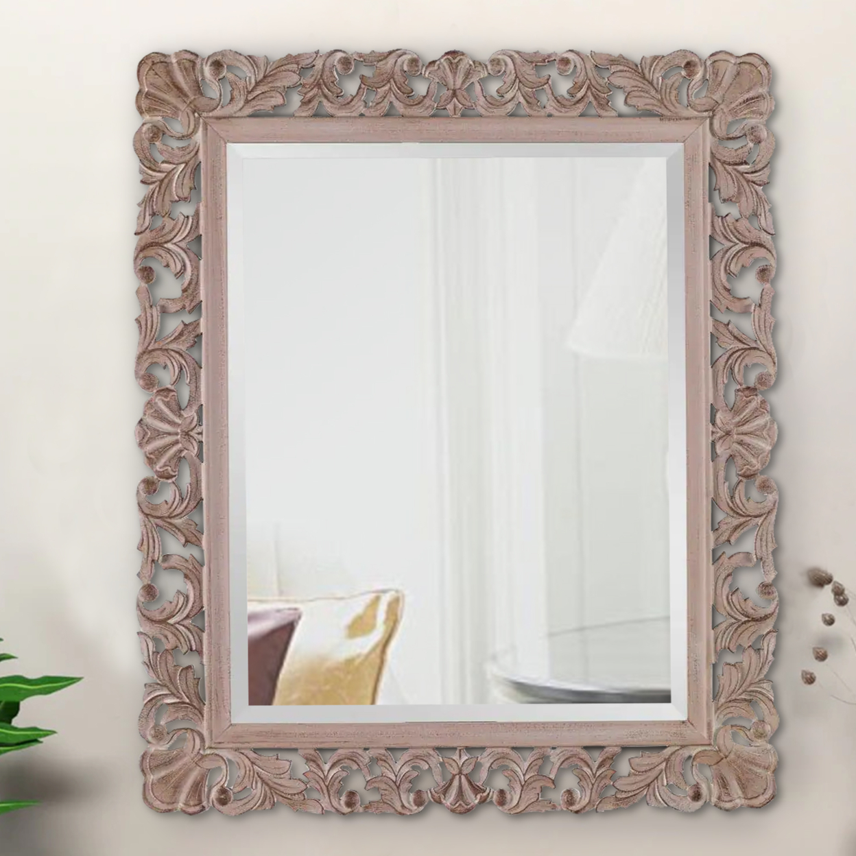 Rectangular Filigree Carved Wooden Frame Mirror, Natural Brown- Saltoro Sherpi