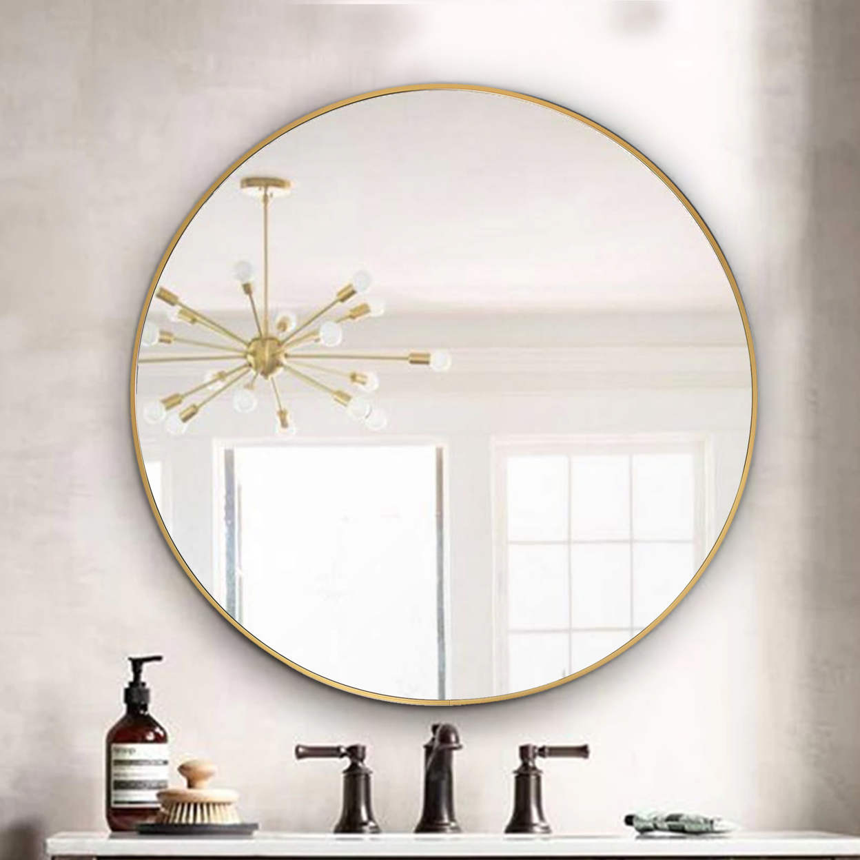 Round Shape Sleek Metal Frame Mirror, Gold- Saltoro Sherpi