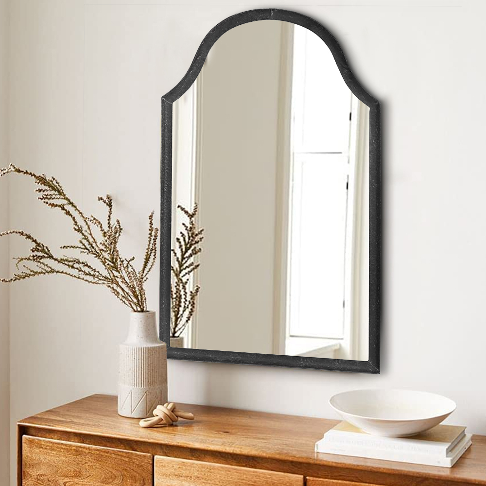 40 Inches Hammered Metal Frame Wall Mirror With Arched Top, Black- Saltoro Sherpi