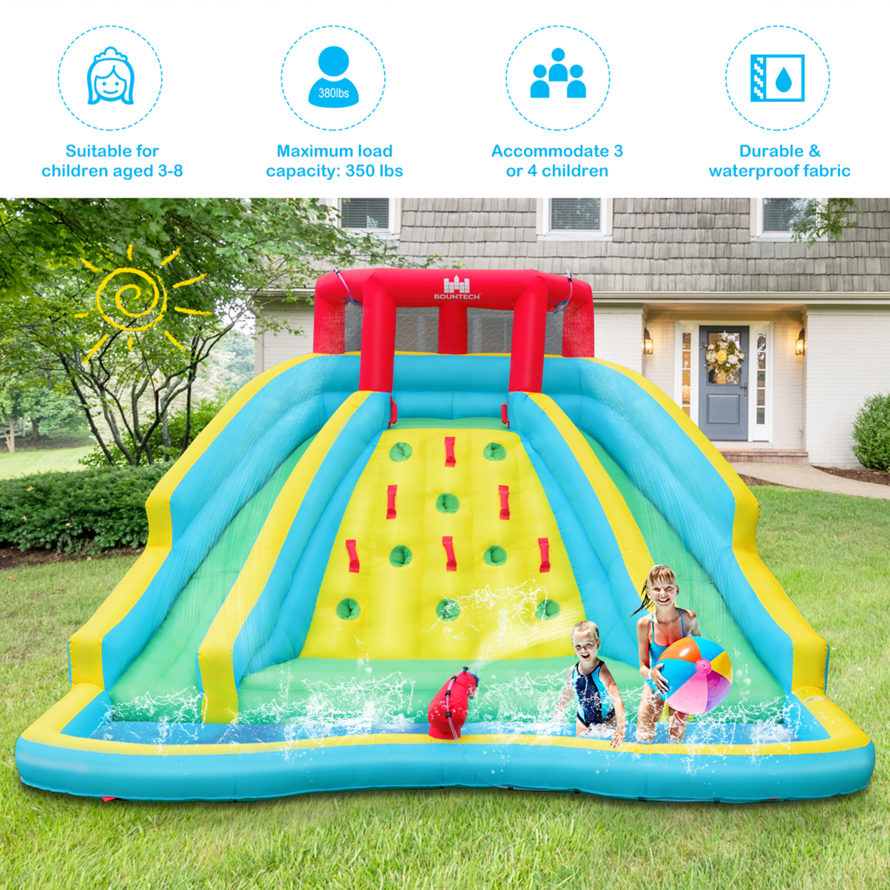 Inflatable Mighty Water Park Bouncy Splash Pool Climbing Wall W/ 735W Blower