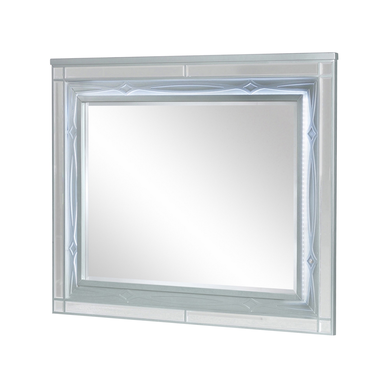Gina 49 Inch Modern Mirror, Wood Frame, Built In Blue LED, Metallic Silver