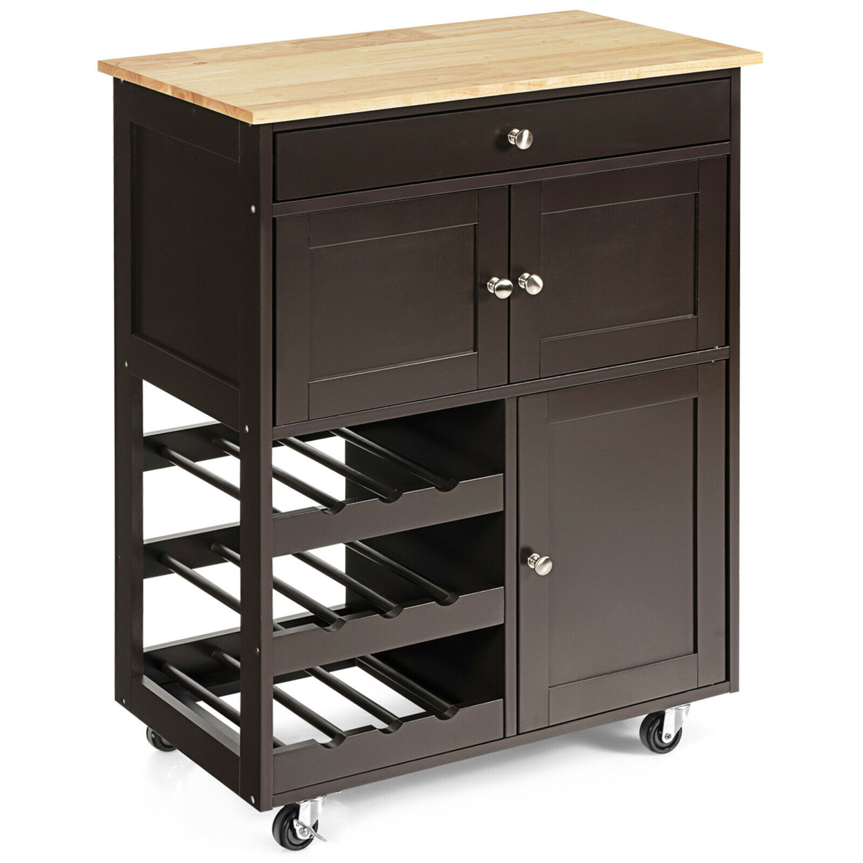 Rolling Kitchen Island Serving Cart Storage Cabinet W/ Wine Rack - Brown