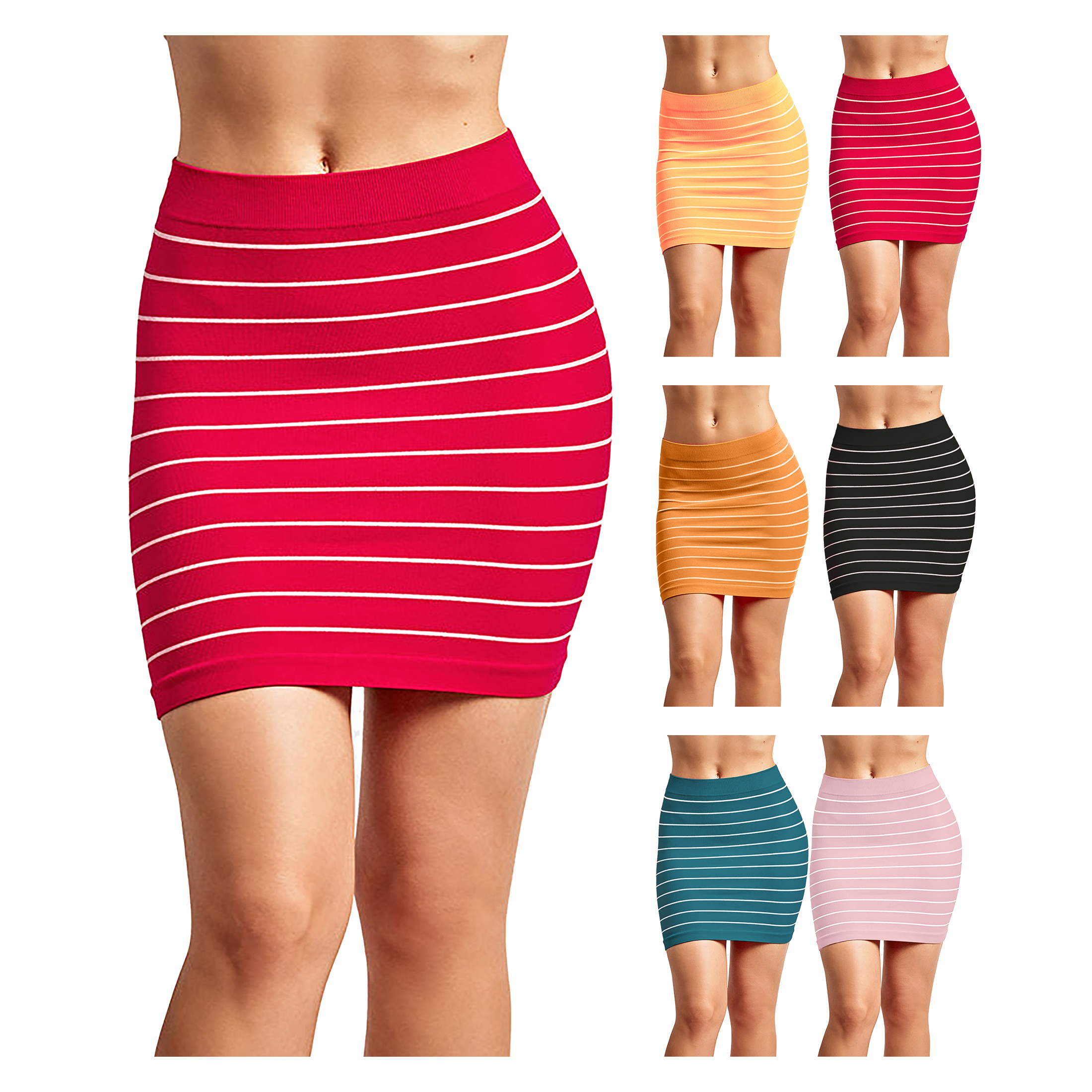 3-Pack: Women's Striped Seamless Microfiber Slim Nylon Pull-On Closure Mini Skirts - X-Large