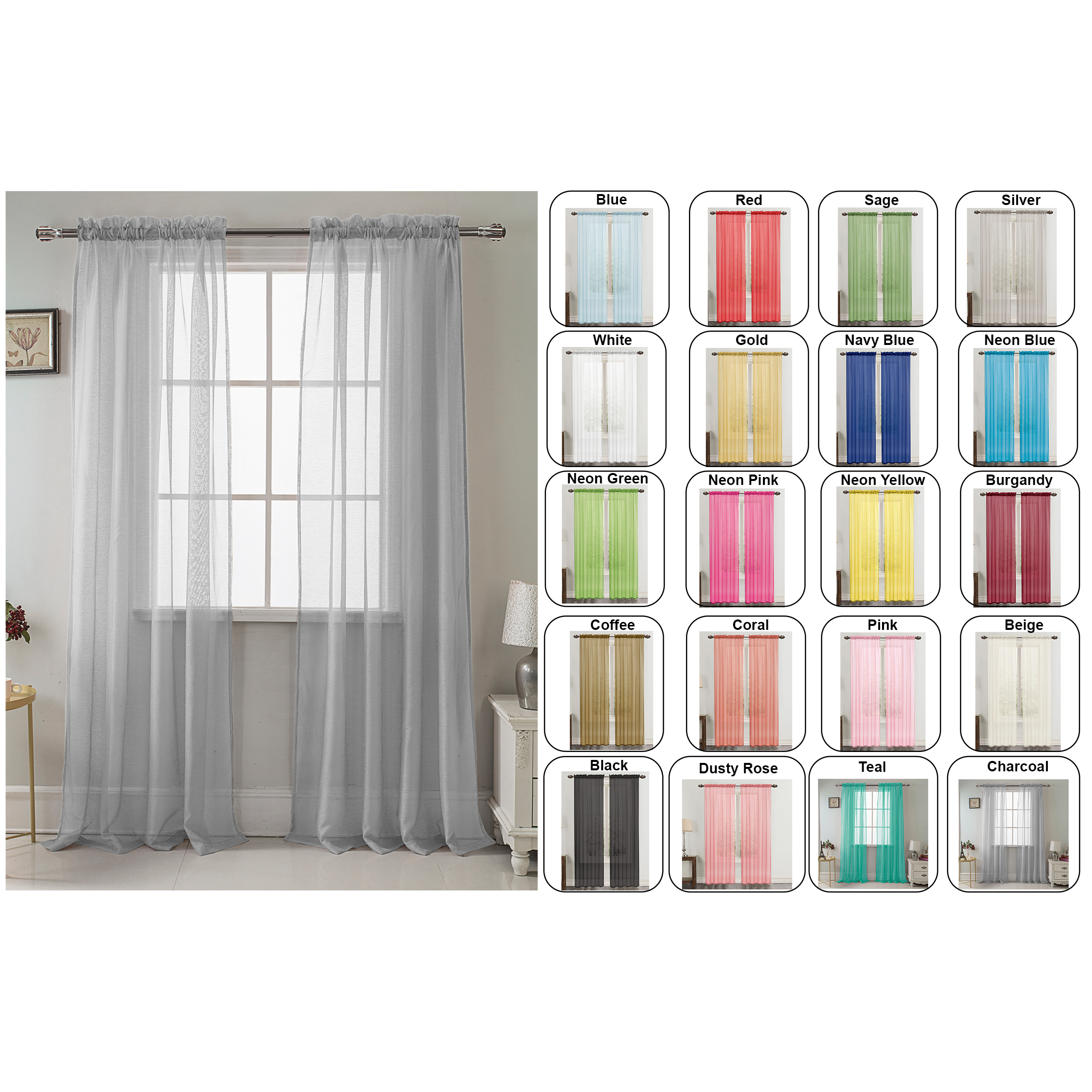 2-Panel 90 Celine Sheer Voile Drape Window Curtain Panel For Living Room & Bedroom