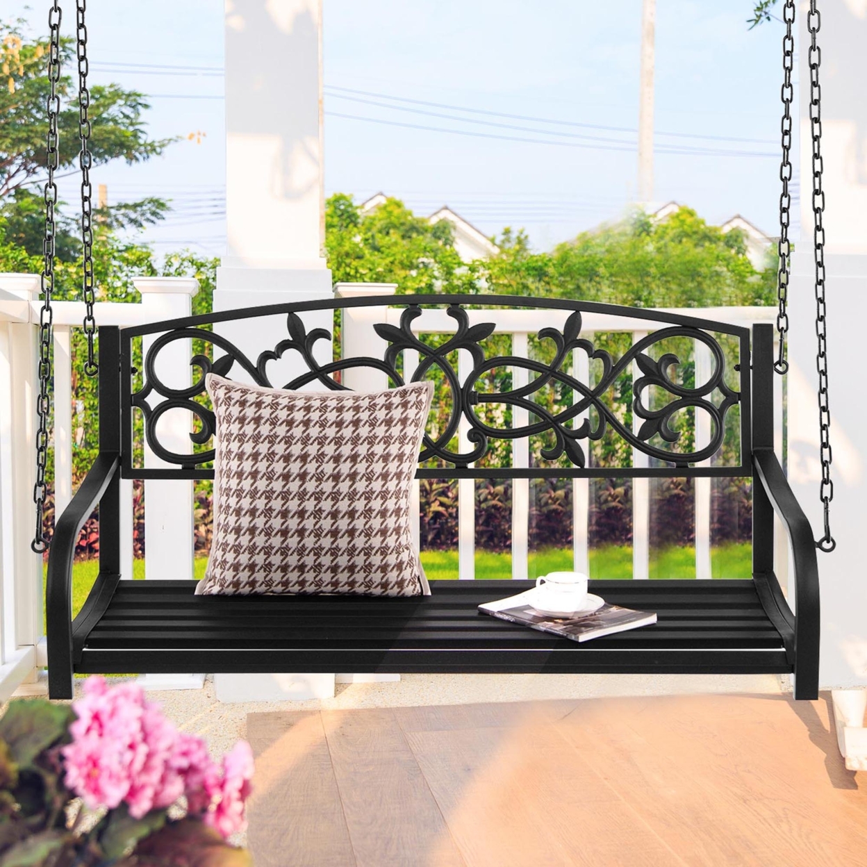 Patio Hanging Porch Swing 2-Person Outdoor Metal Swing Bench Chair W/ Chains - Black