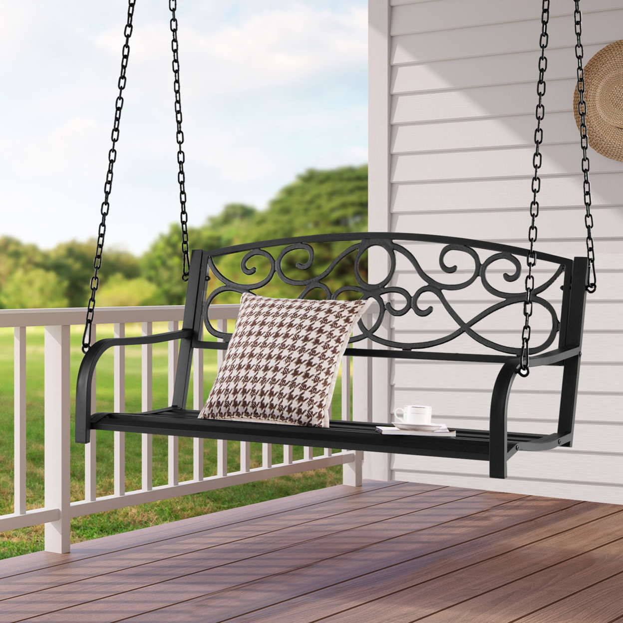 Patio Hanging Porch Swing Outdoor 2-Person Metal Swing Bench Chair W/ Chains - Black