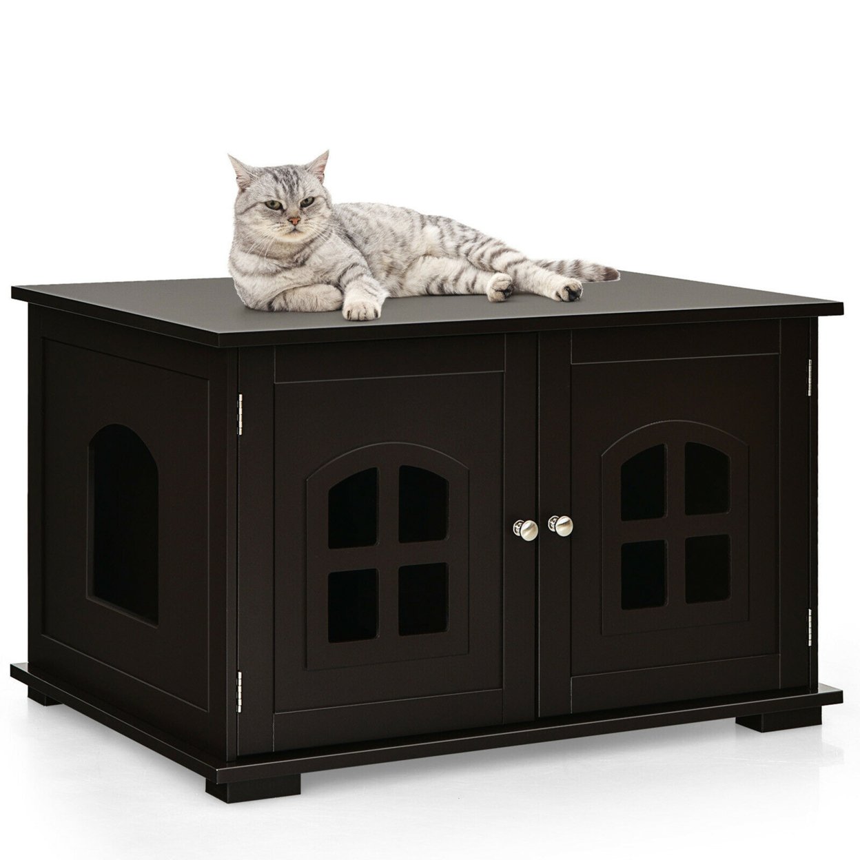 Large Wooden Cat Litter Box Enclosure Hidden Cat Washroom W/ Divider - Coffee