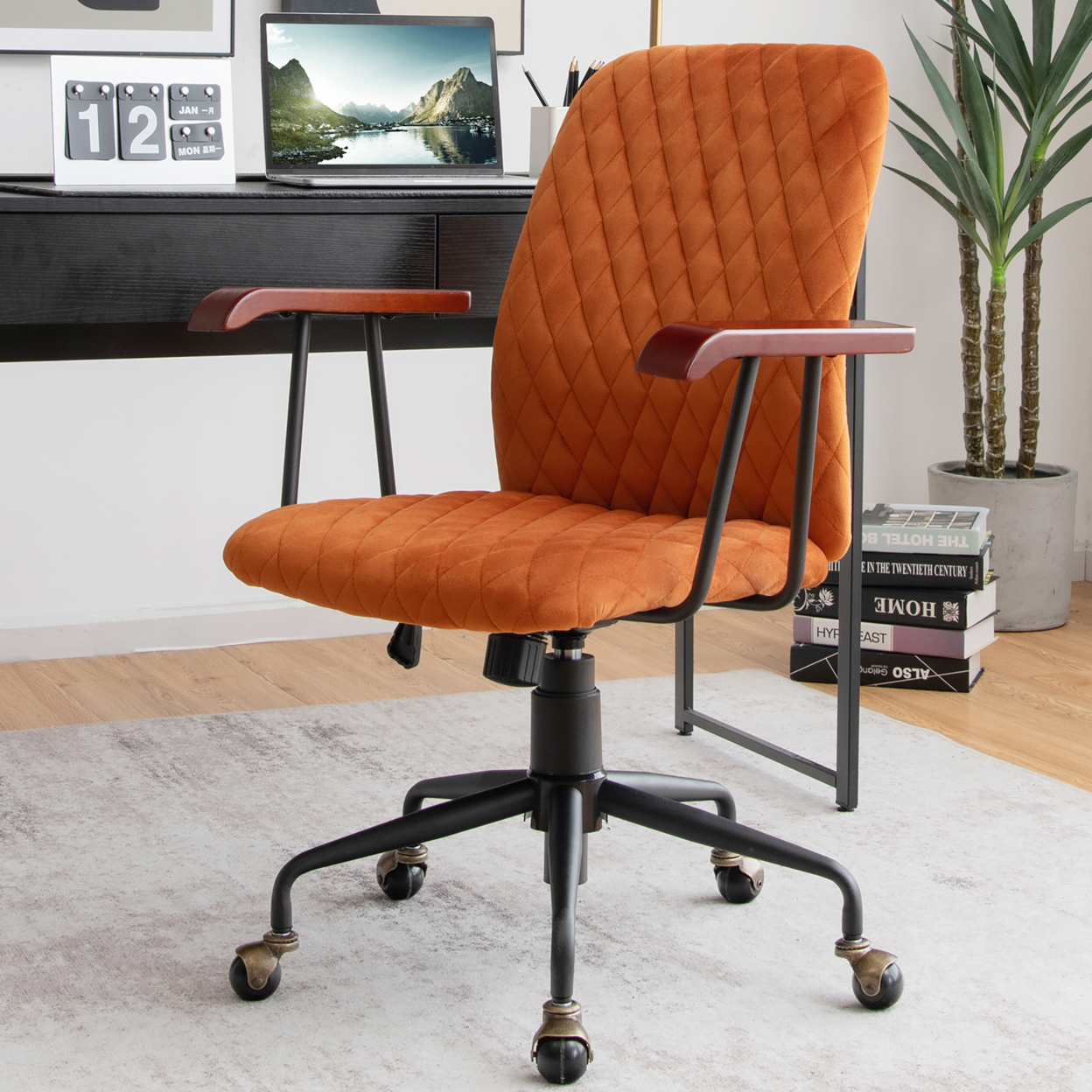 Velvet Home Office Chair Swivel Adjustable Task Chair W/ Wooden Armrest - Green