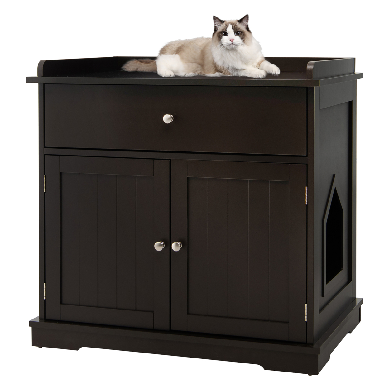 Wooden Cat Litter Box Enclosure W/ Drawer Side Table Furniture - Coffee