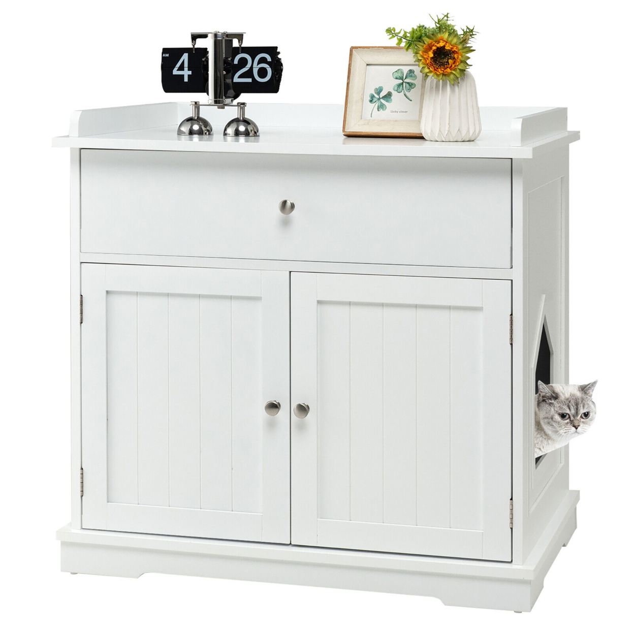 Wooden Cat Litter Box Enclosure W/ Drawer Side Table Furniture - White