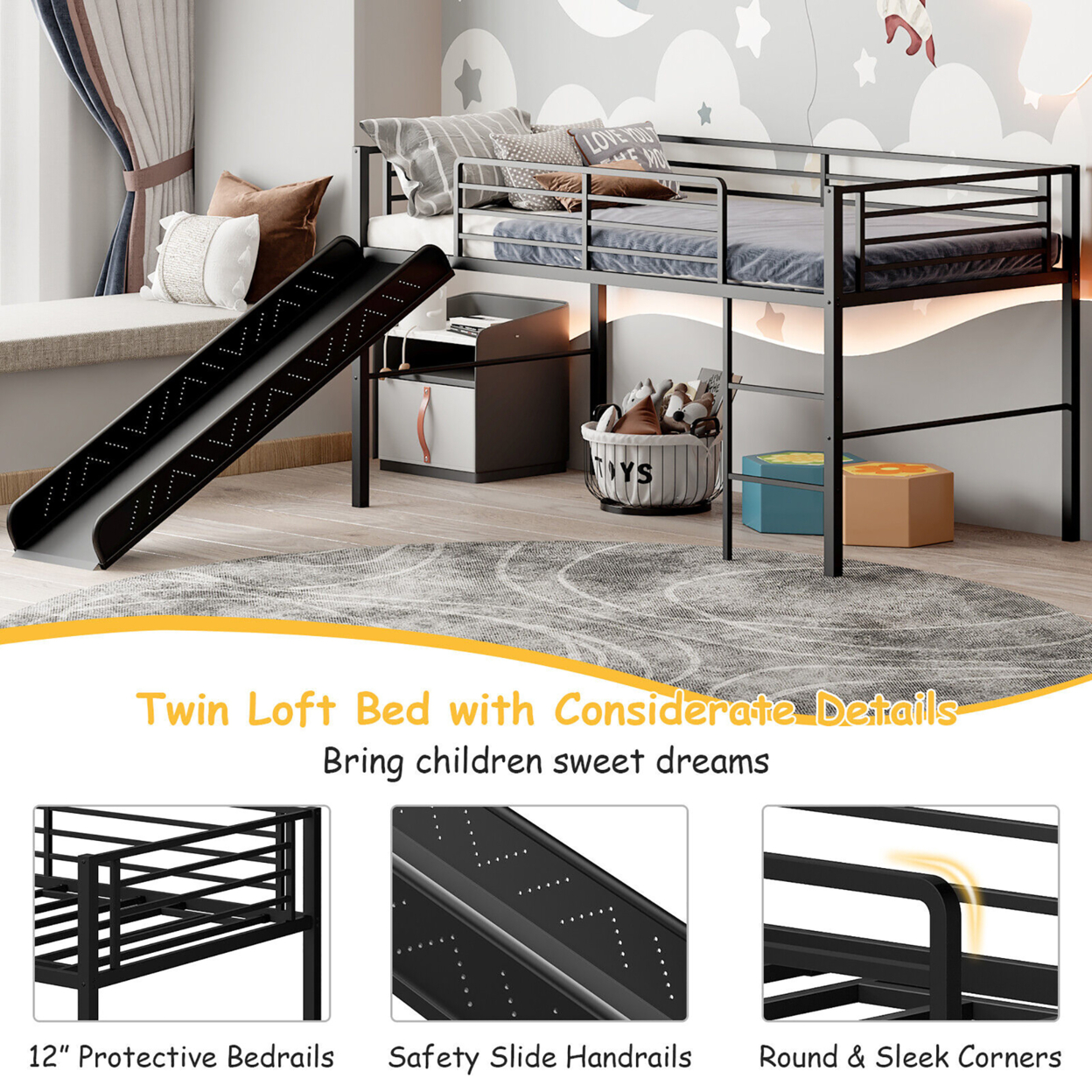 Twin Metal Loft Bed With Slide Guardrails Built-in Ladder Low Bed Frame - White
