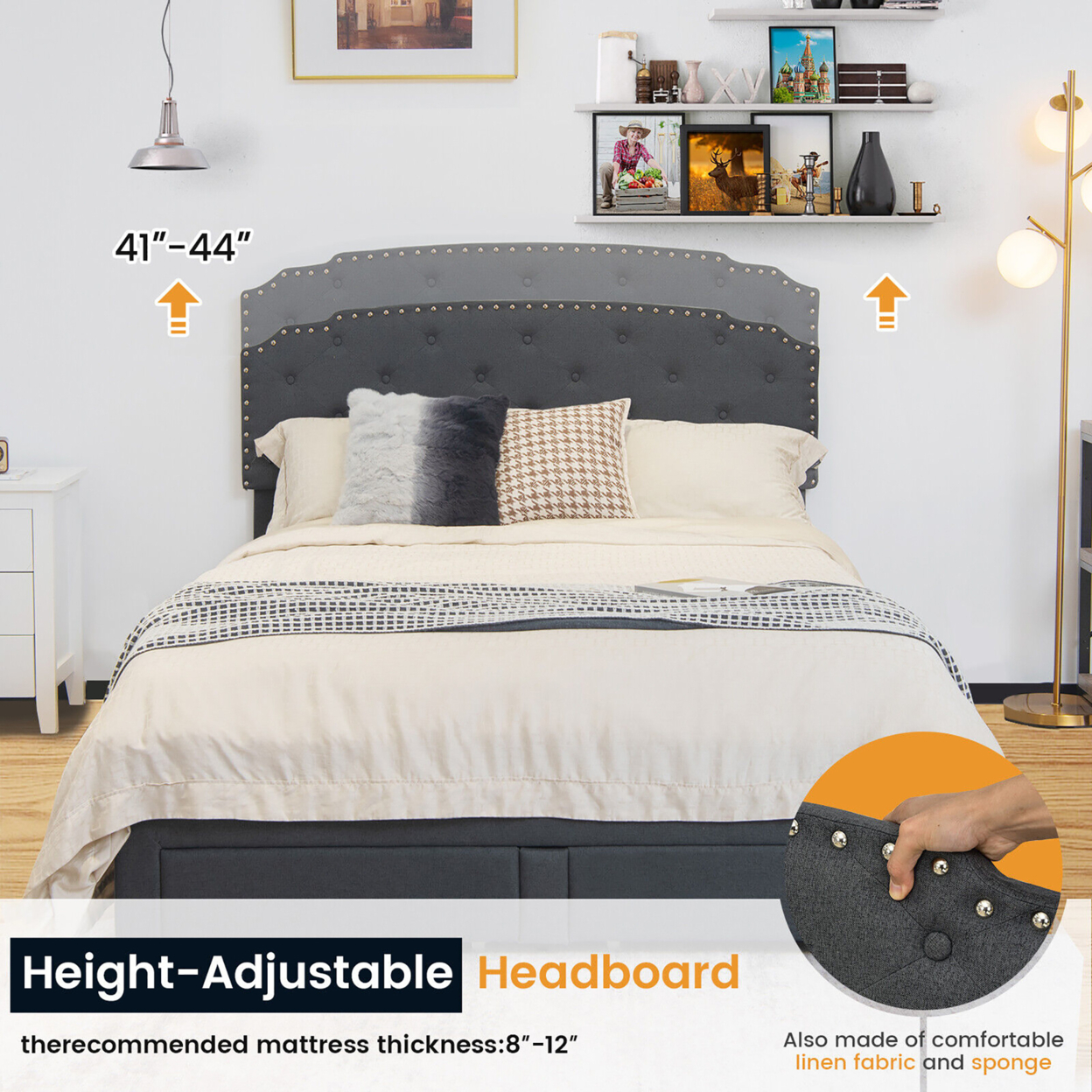 Full Platform Bed Frame With 4 Storage Drawers Adjustable Headboard Grey