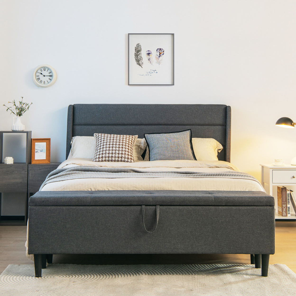 Full Upholstered Platform Bed Frame W/ Storage Ottoman Slats Support Grey
