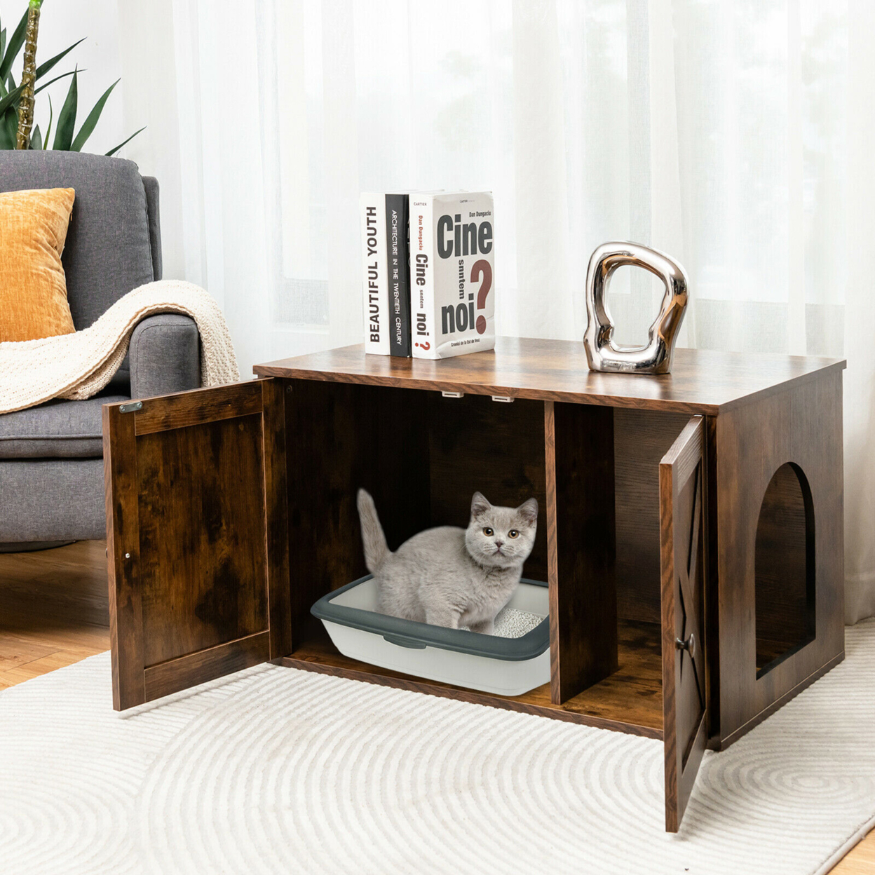 Wooden Cat Litter Box Enclosure Hidden Cabinet Furniture W/ Divider Pet House