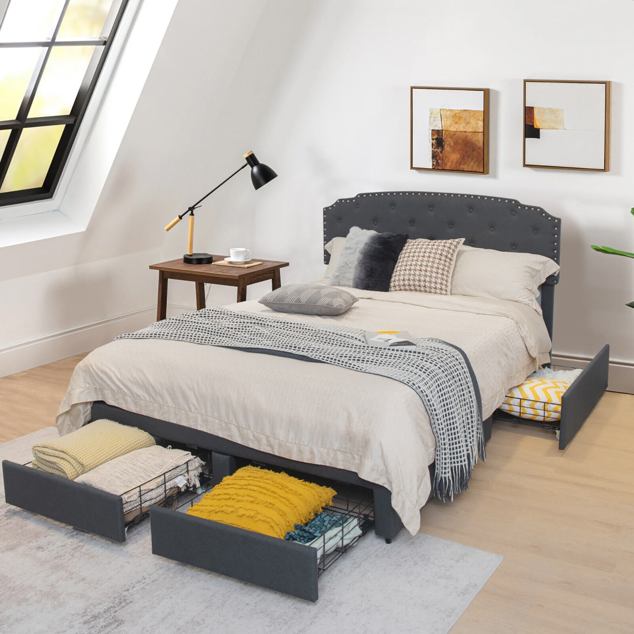 Queen Platform Bed Frame With 4 Storage Drawers Adjustable Headboard Grey