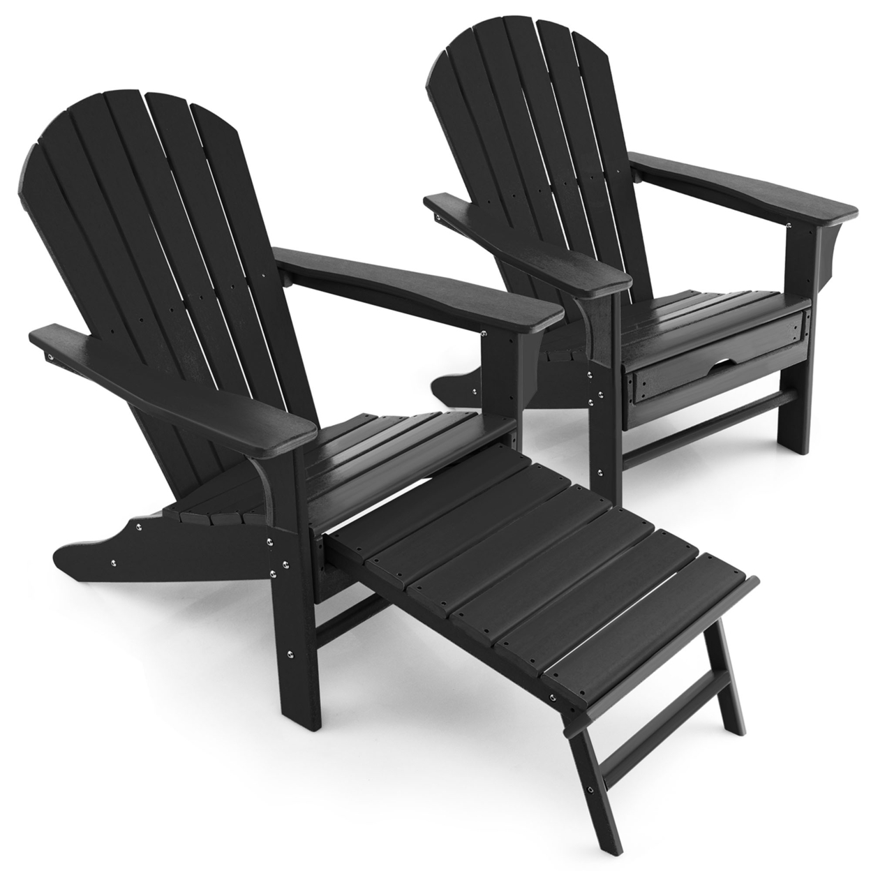 Set Of 2 Patio Adirondack Chair HDPE Outdoor Lounge Chair W/ Retractable Ottoman - Black