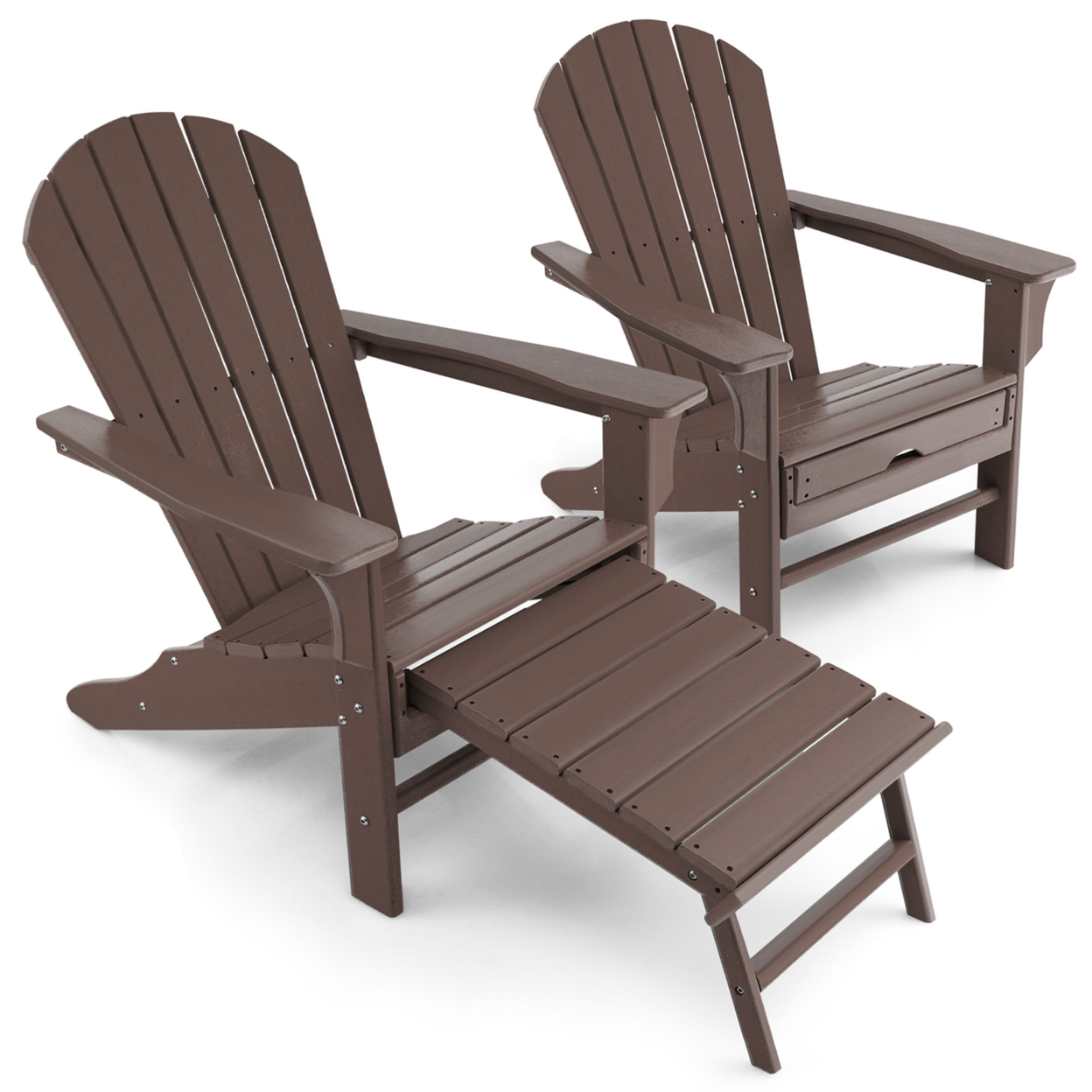 Set Of 2 Patio Adirondack Chair HDPE Outdoor Lounge Chair W/ Retractable Ottoman - Coffee