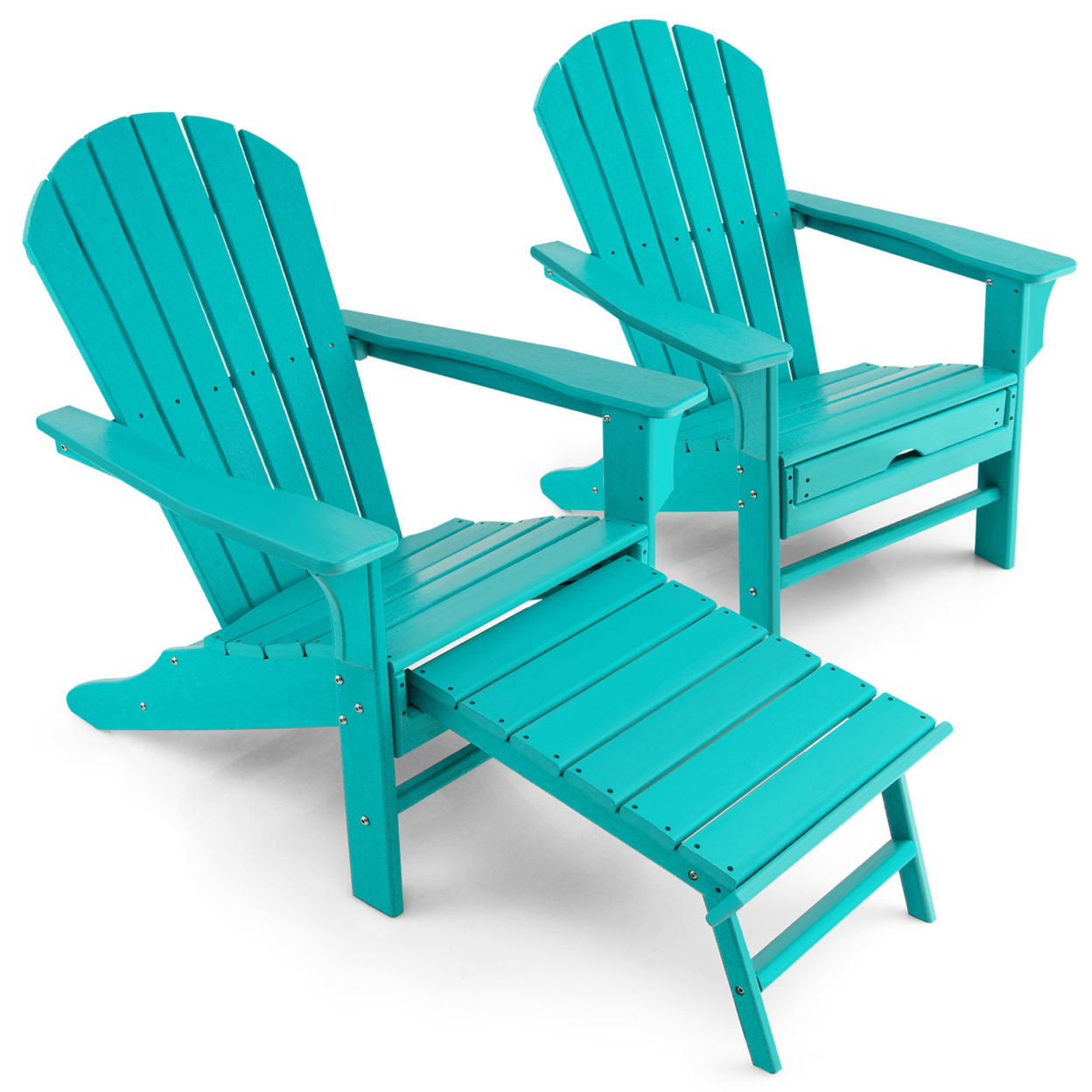 Set Of 2 Patio Adirondack Chair HDPE Outdoor Lounge Chair W/ Retractable Ottoman - Turquoise