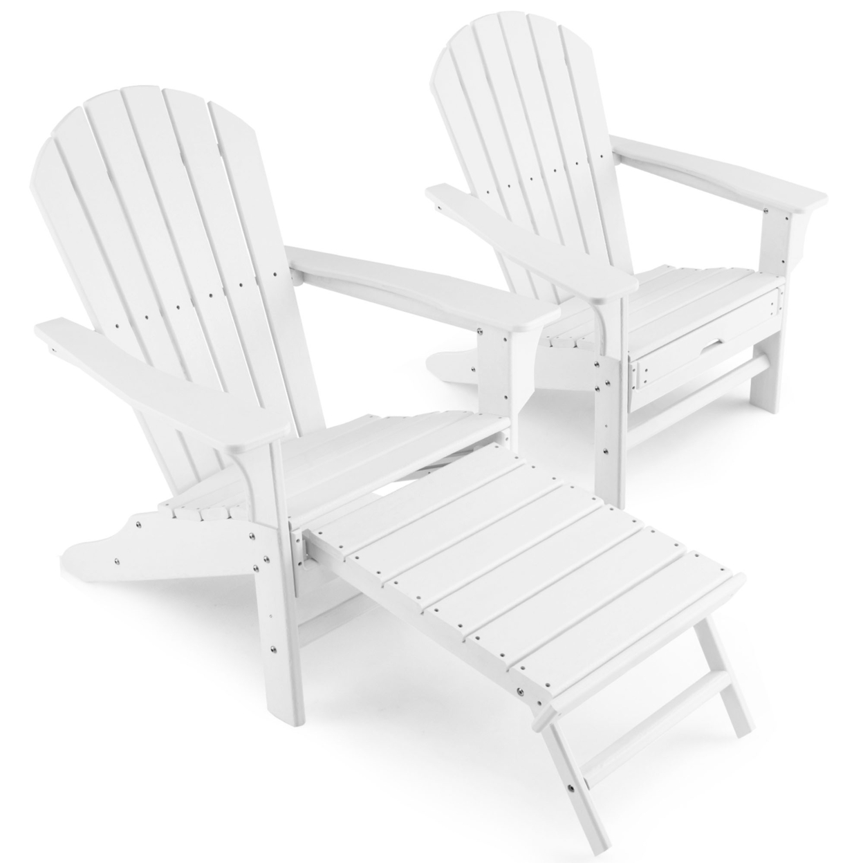 Set Of 2 Patio Adirondack Chair HDPE Outdoor Lounge Chair W/ Retractable Ottoman - White