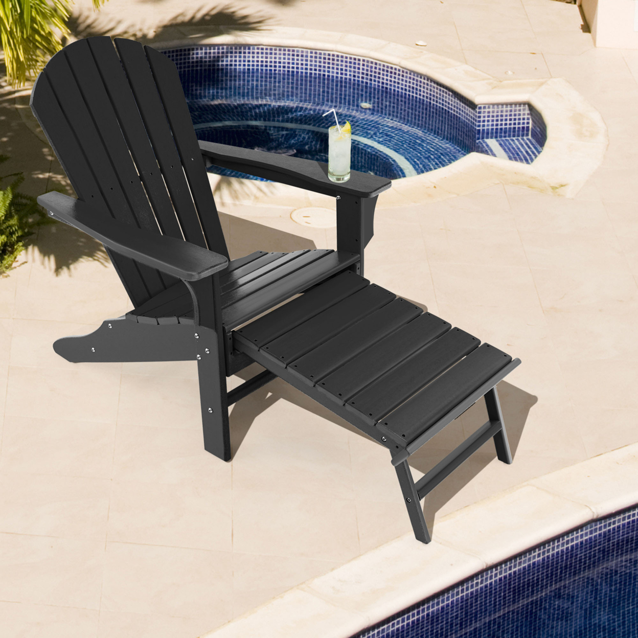 Patio Adirondack Chair HDPE Outdoor Lounge Chair W/ Retractable Ottoman - Black