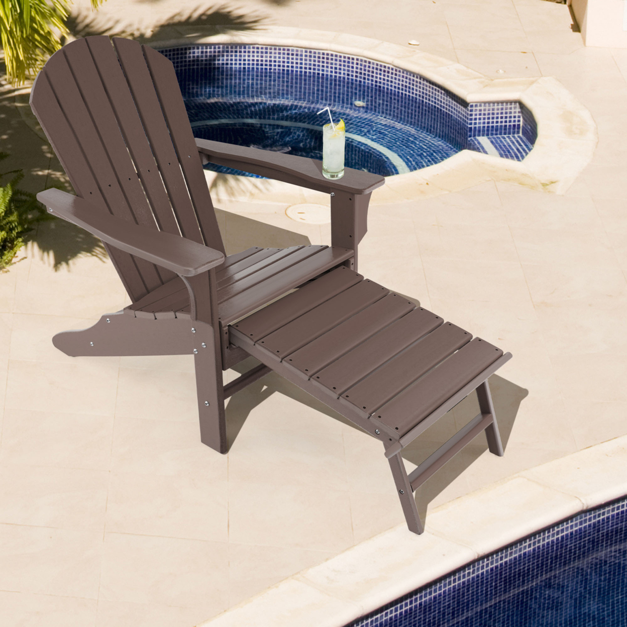 Patio Adirondack Chair HDPE Outdoor Lounge Chair W/ Retractable Ottoman - Coffee