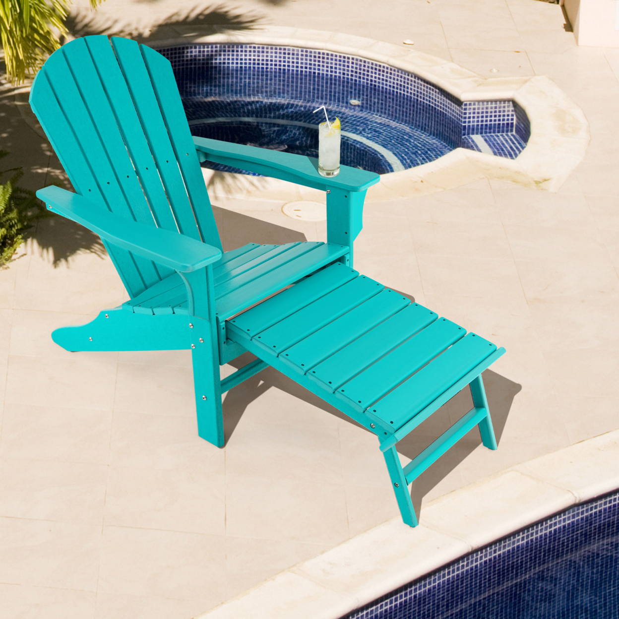 Patio Adirondack Chair HDPE Outdoor Lounge Chair W/ Retractable Ottoman - Turquoise
