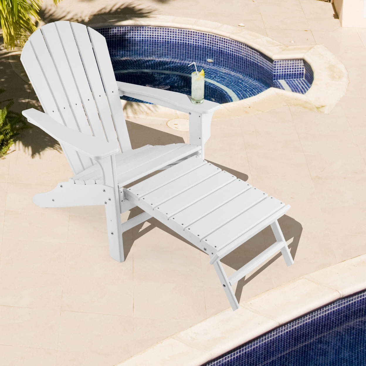 Patio Adirondack Chair HDPE Outdoor Lounge Chair W/ Retractable Ottoman - White