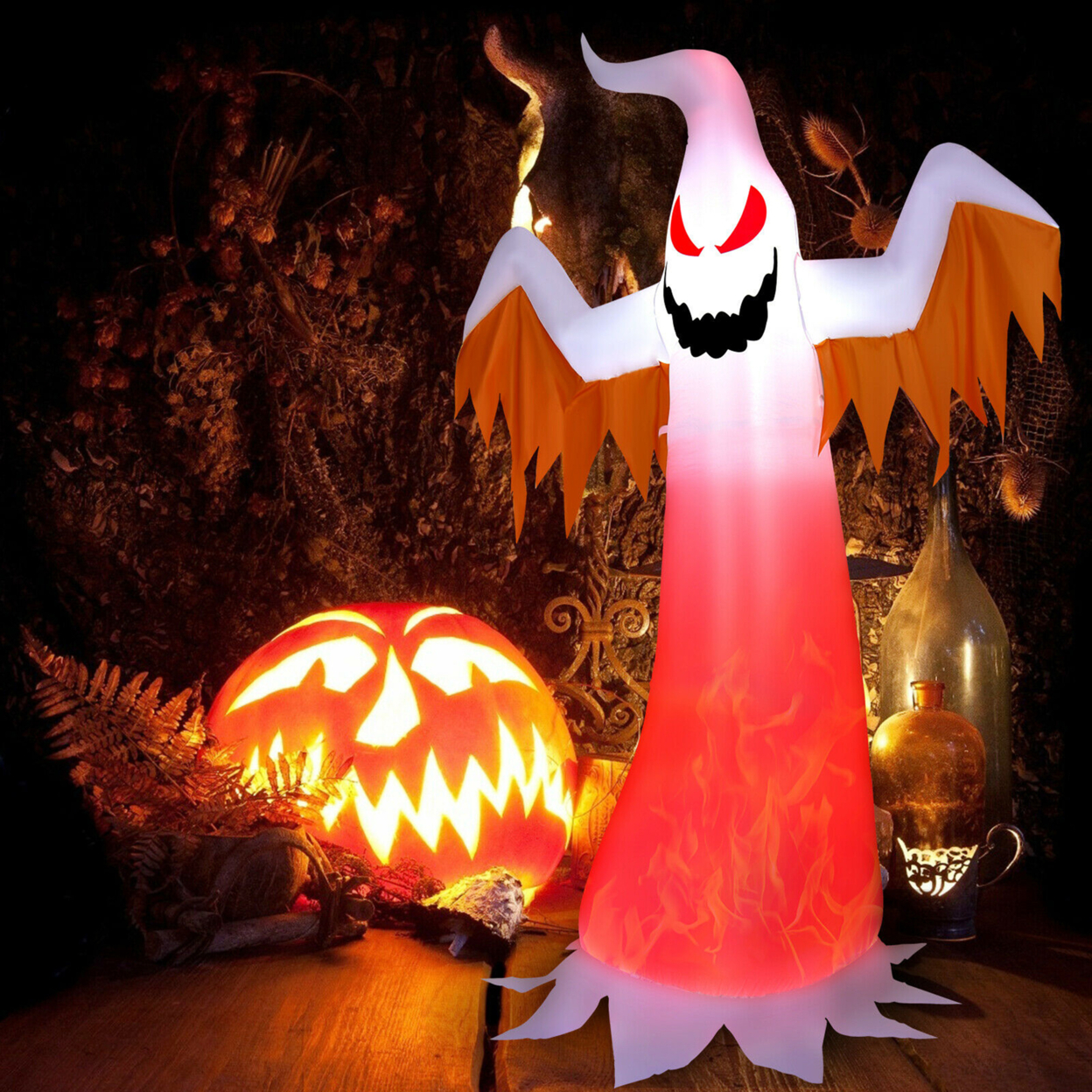 8ft Inflatable Halloween Ghost Blow Up Decoration W/ Built-in Flame Light