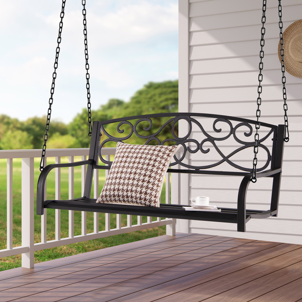 Patio Hanging Porch Swing Outdoor 2-Person Metal Swing Bench Chair W/ Chains - Brown