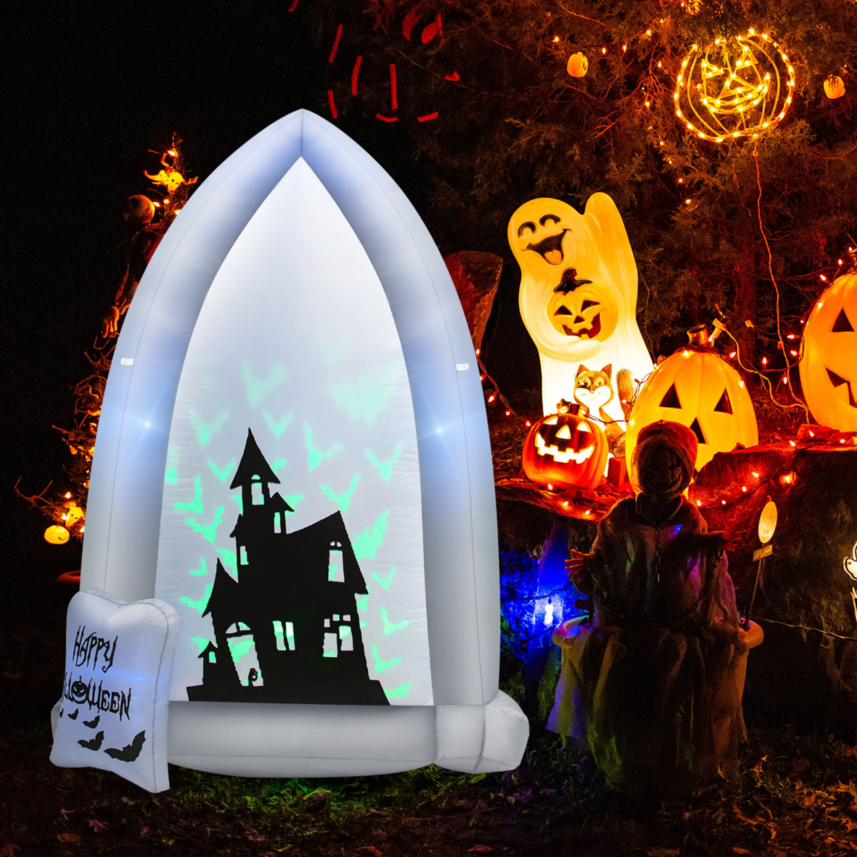 7' Halloween Outdoor Inflatable Headstone Blow Up W/ Built-in Bat Lamp