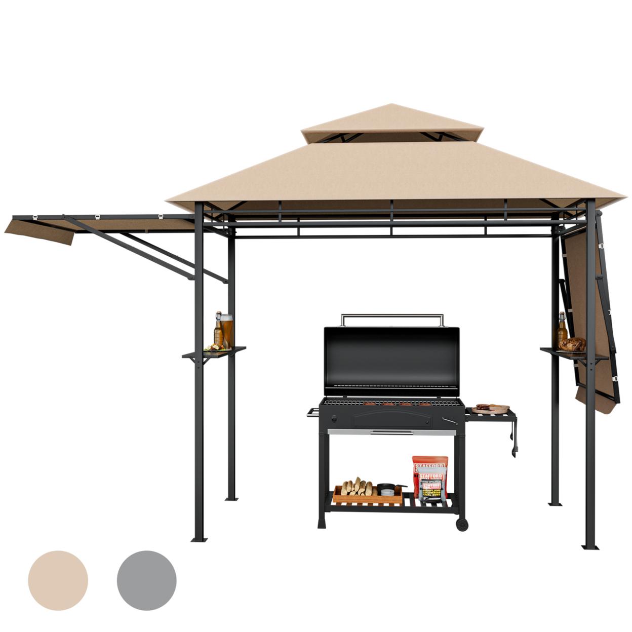 13.5' X 4' Patio BBQ Grill Gazebo Side Awnings Shelves 2-Tier Canopy Outdoor