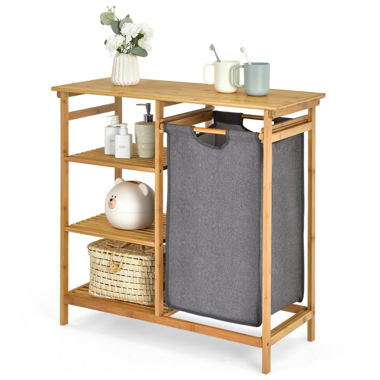 Laundry Hamper Basket Table Bamboo W/Storage Shelves And Sliding Bag