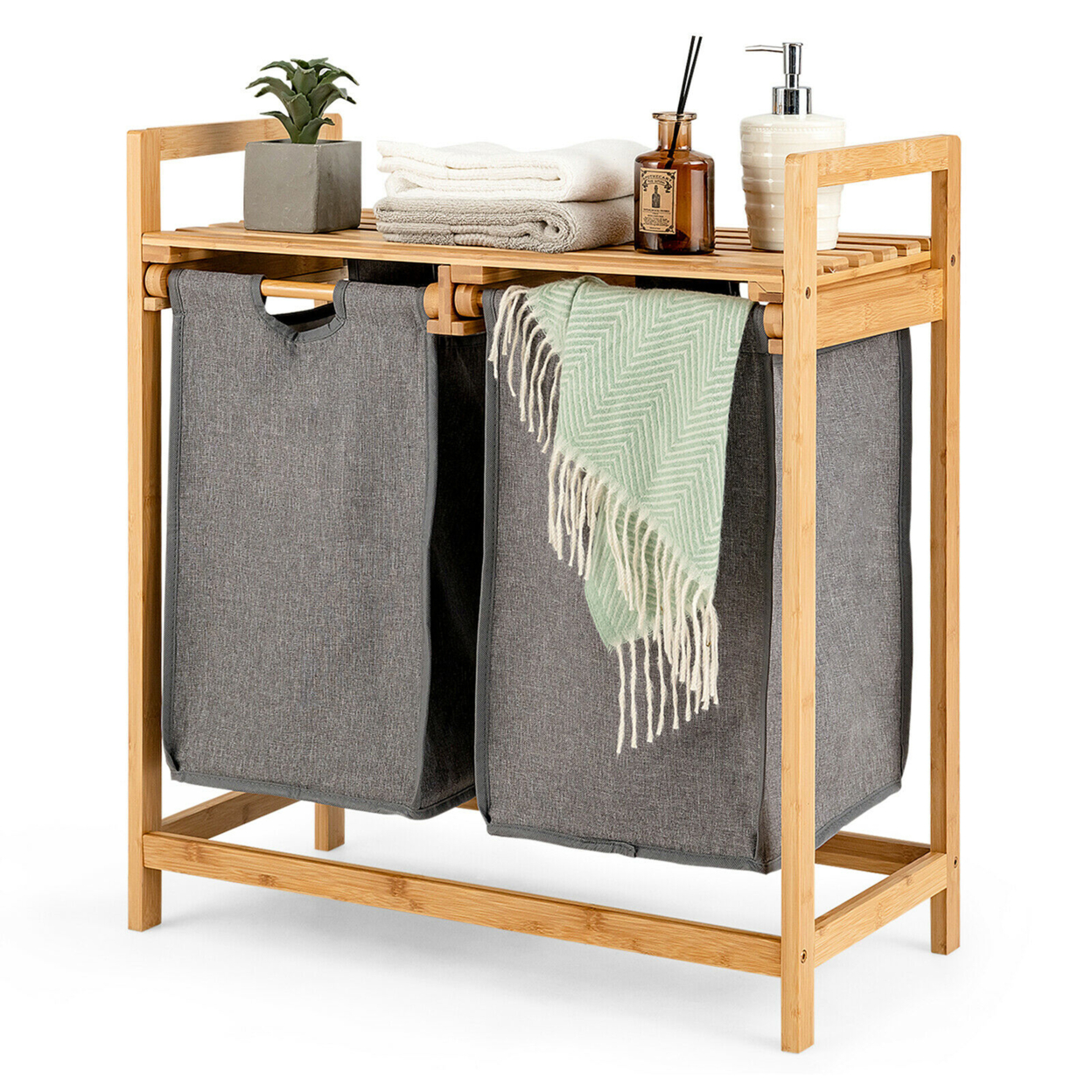 Bamboo Laundry Hamper W/Dual Compartments Laundry Sorter W/Sliding Bags & Shelf