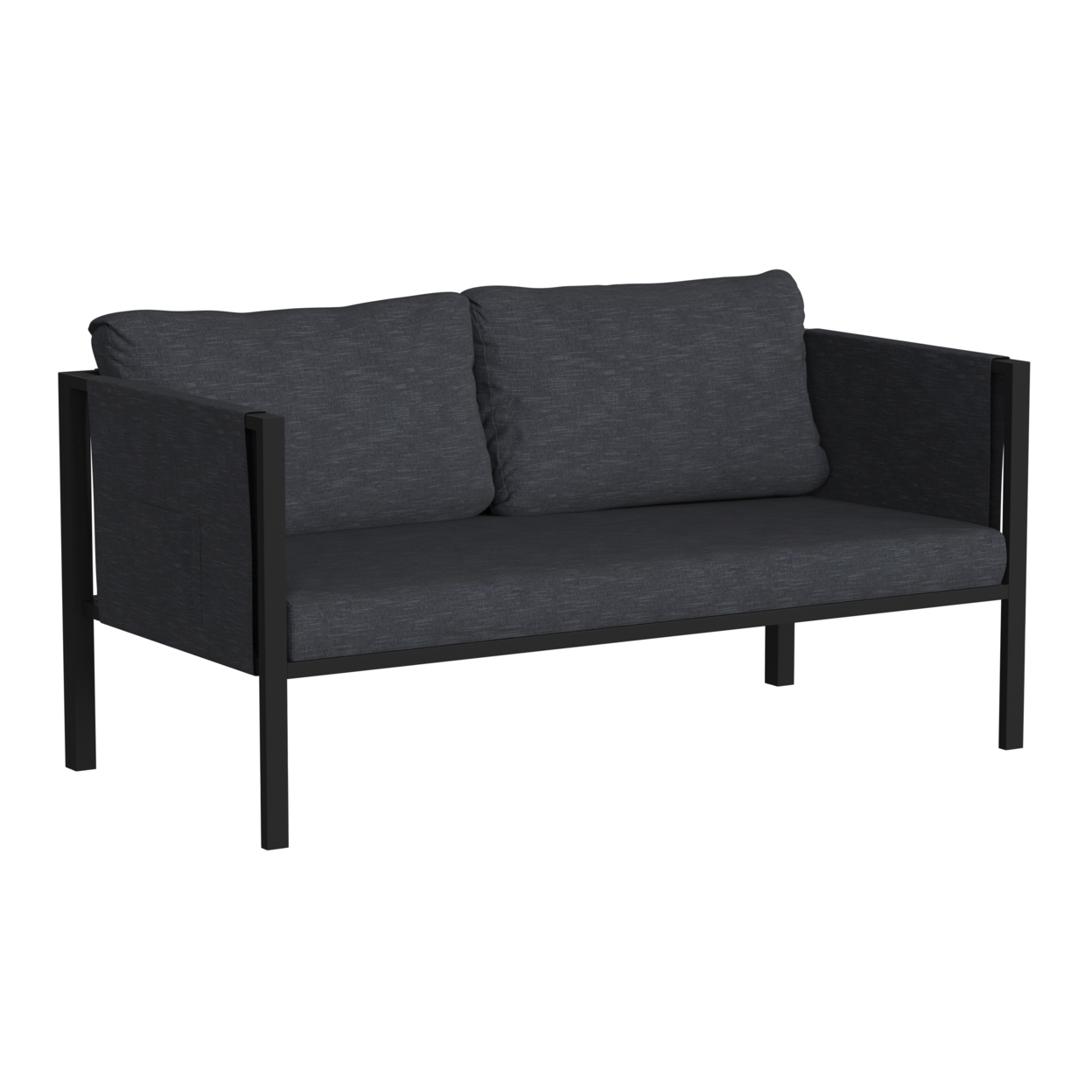 Indooroutdoor Loveseat With Cushions Modern Steel Framed Chair With Storage Pockets, Black With Charcoal Cushions