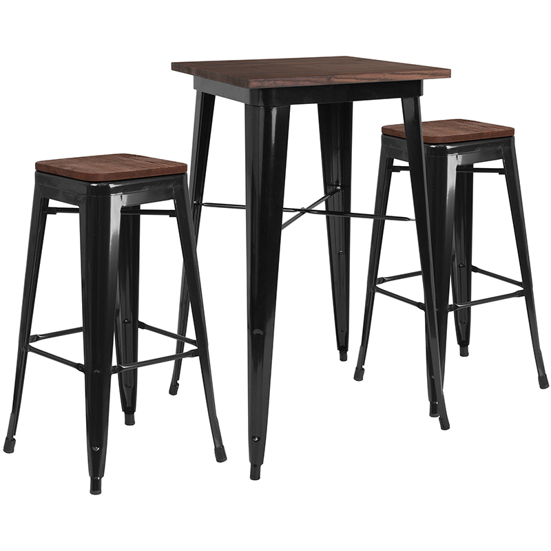 23.5 Square Black Metal Bar Table Set With Wood Top And 2 Backless Stools
