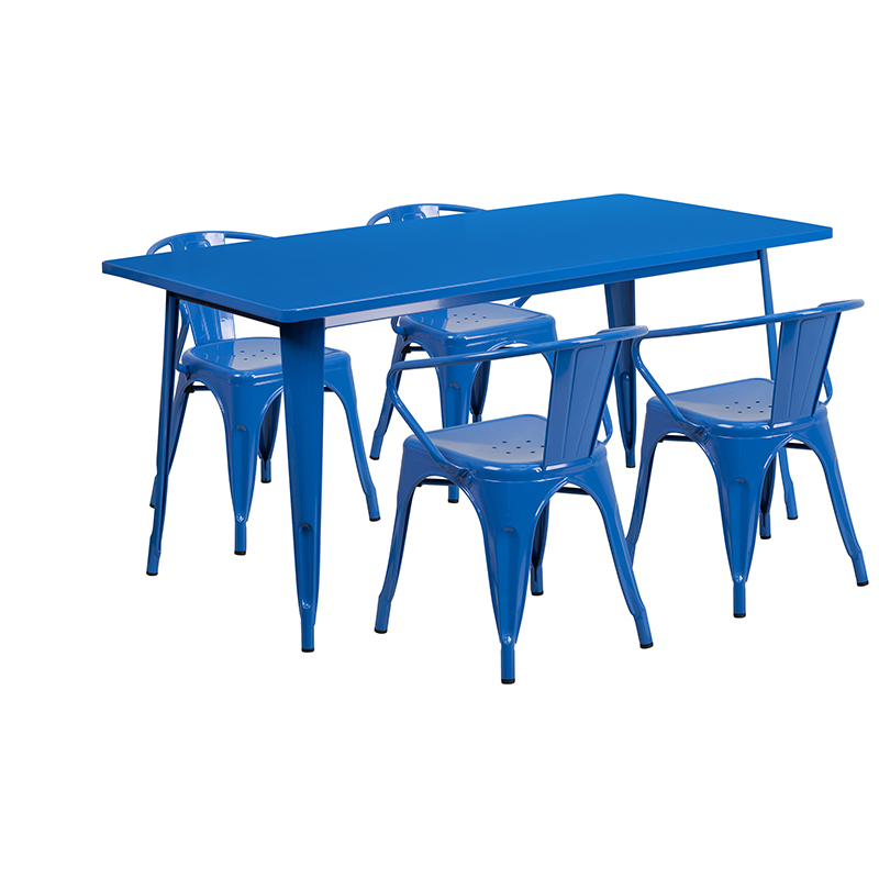 Commercial Grade 31.5 X 63 Rectangular Blue Metal Indoor-Outdoor Table Set With 4 Arm Chairs