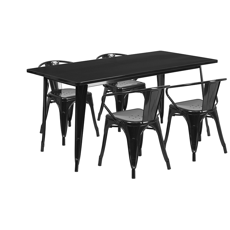 Commercial Grade 31.5 X 63 Rectangular Black Metal Indoor-Outdoor Table Set With 4 Arm Chairs