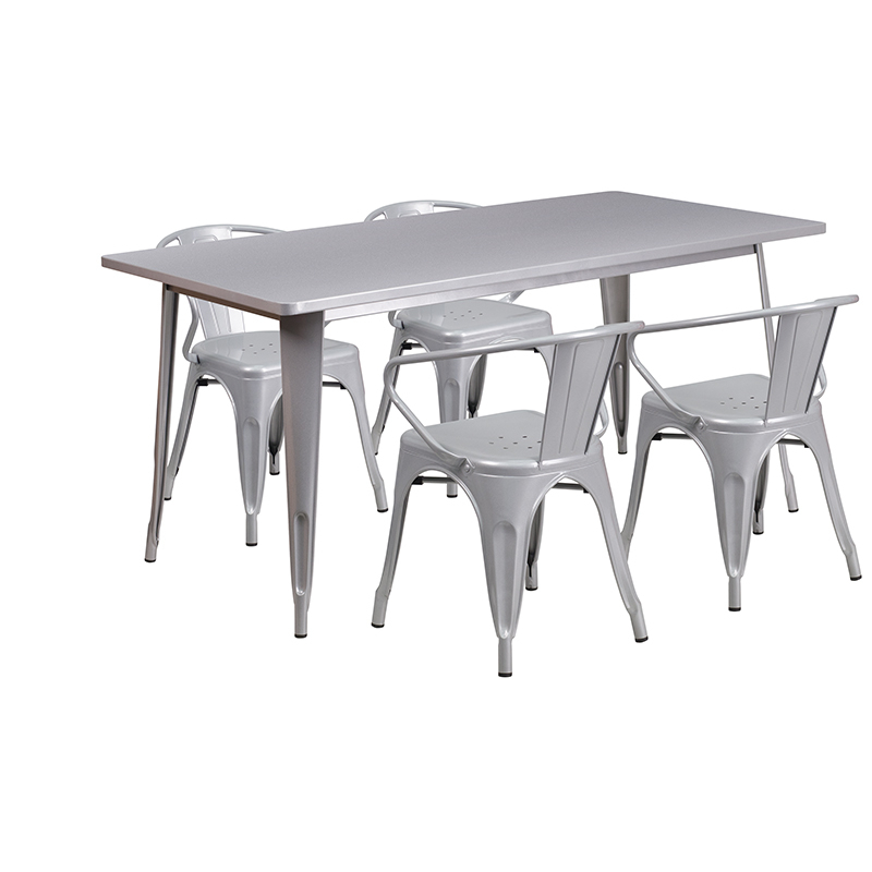 Commercial Grade 31.5 X 63 Rectangular Silver Metal Indoor-Outdoor Table Set With 4 Arm Chairs